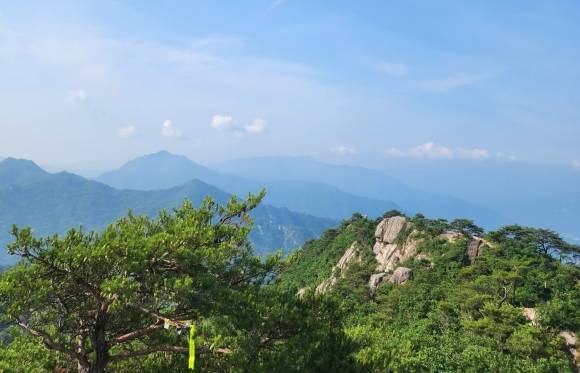 대야산 능선에서 바라보는 백두대간 봉우리들과 경쾌한 풍경