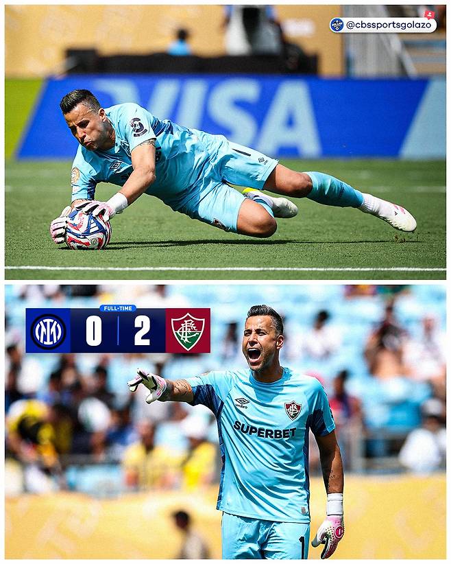 1일(한국시간) 미국 샬럿의 뱅크 오브 아메리카 스타디움에서 열린 2025 국제축구연맹(FIFA) 클럽 월드컵 16강 인터밀란전에서 무실점 경기를 치른 플루미넨시 골키퍼 파비우. 그는 지난 1997년 프로에 데뷔한 45세 베테랑 선수다. /사진=CBS스포츠골라소 SNS 캡처