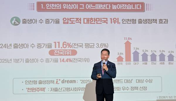 유정복 인천시장이 1일 인천시청 대회의실에서 열린 민선 8기 출범 3주년 기자설명회에서 시정 성과와 비전을 발표하고 있다. 이진우 기자 ljw@kihoilbo.co.kr