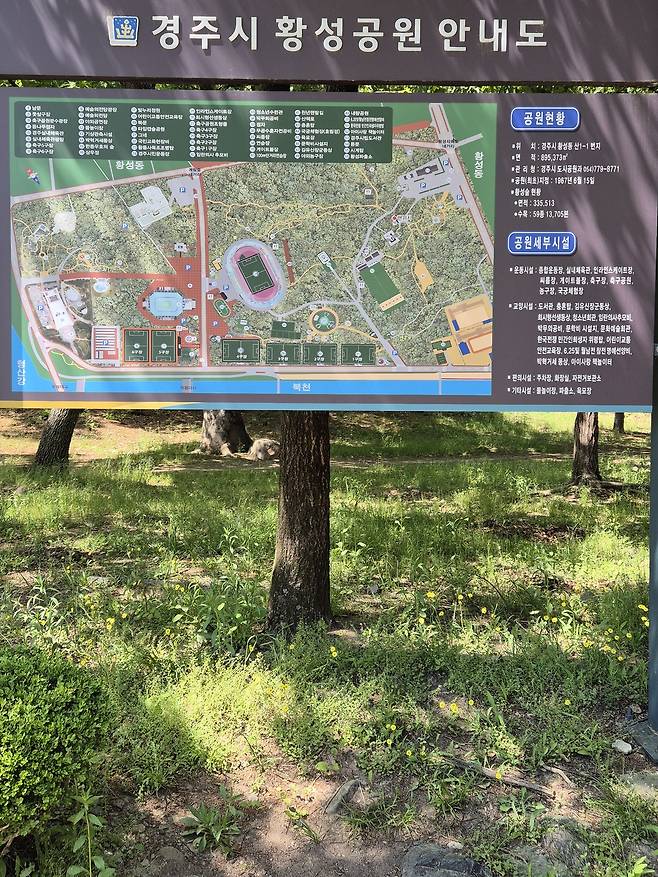 황성공원 안내도. 공원 내부에 경주예술의전당과 시민도서관이 있다. 물놀이장이 여름마다 열리고, 공설운동장과 씨름장, 국궁장도 들어서 있다.