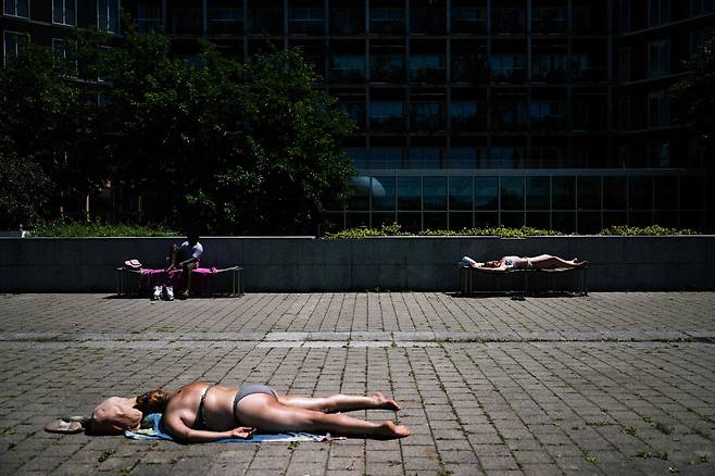 29일 유럽을 강타한 폭염 속에서 사람들이 파리 앙드레 시트로엥 공원에서 일광욕을 즐기고 있다. /연합뉴스