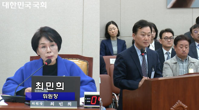3월5일 국회 과방위 현안질의에 참석한 박찬욱 KBS 감사(오른쪽). 이날 박 감사는 전날 방송통신위원회를 상대로 신임 KBS 감사 임명 의결은 위법하다며 임명처분 무효 확인 소송과 함께 집행정지 신청을 서울행정법원에 제기했다는 사실을 알렸다. /국회 영상 회의록 화면