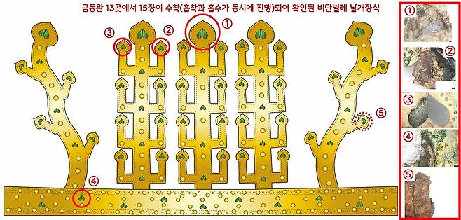 경주 황남동 120-2호 출토에서 확인된 비단벌레 날개장식(재현). 금동관 곳곳에 뚫어놓은 ‘역 하트 모양’의 구멍을 영롱한 빛깔의 비단벌레 날개로 메워 장식했다.|신라문화유산연구원 제공