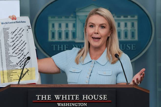 (워싱턴DC 로이터=뉴스1) 류정민 특파원 = 캐롤라인 레빗 백악관 대변인이 30일(현지시간) 미국 워싱턴DC 백악관에서 정례 브리핑을 열고 트럼프 대통령이 제롬 파월 미국 연방준비제도(Fed) 이사회 의장에게 보낸 금리 인하 촉구 메모를 들어 보이고 있다. 2025.06.30 /로이터=뉴스1