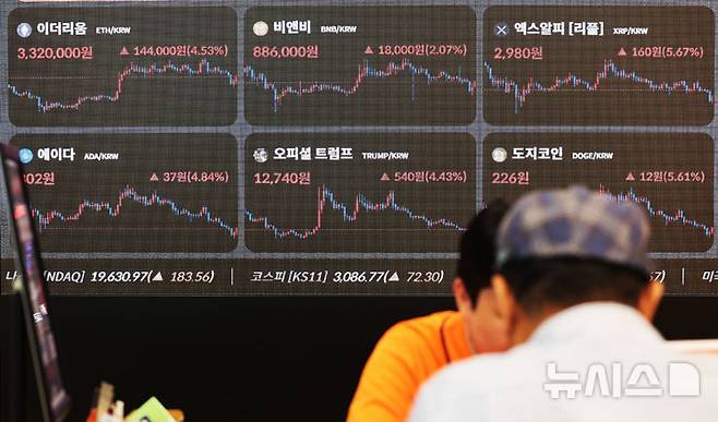 [서울=뉴시스] 배훈식 기자 = 이스라엘과 이란의 휴전 소식이 전해진 24일 오후 서울 강남구 빗썸라운지 강남본점 전광판에 비트코인을 비롯한 주요 코인 가격이 상승세를 보이고 있다.  2025.06.24. dahora83@newsis.com
