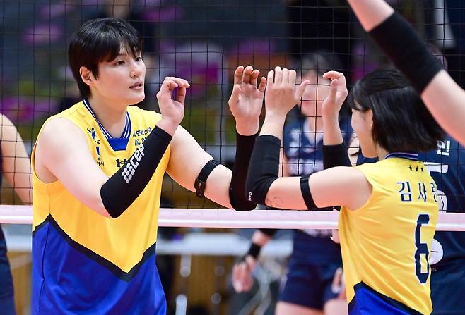 하이파이브하는 현대건설의 김희진(왼쪽) [한국배구연맹 제공. 재판매 및 DB 금지]