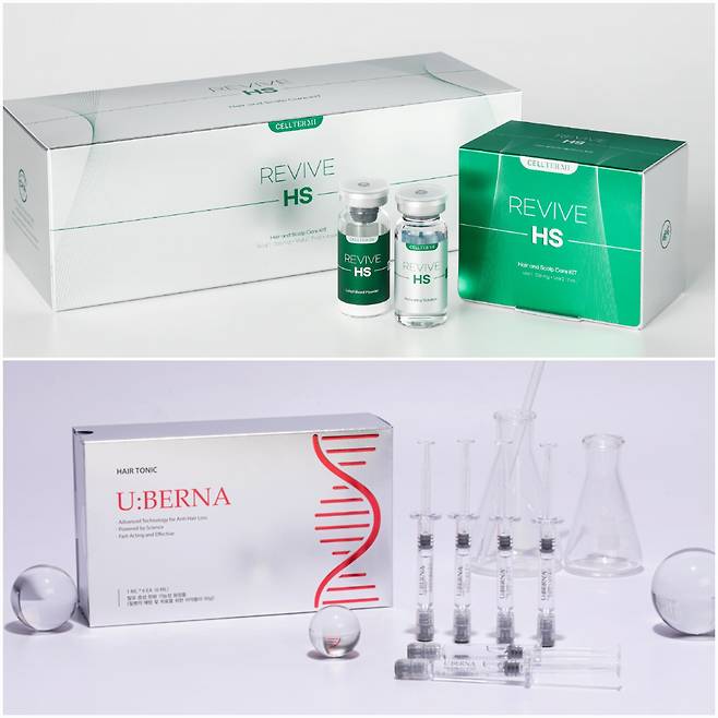 차메디텍이 출시한 탈모 증상 완화 스킨부스터 ‘셀터미 리바이브 HS’(위), 올릭스가 출시한 탈모 증상 완화 기능성 화장품 ‘유베르나(U:BERNA) 제품. /각 사