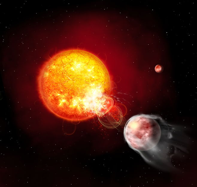 외계행성 HIP 67522 b(오른쪽 아래)가 중심별 HIP 67522(왼쪽 가운데) 표면의 방사선 폭발로 대기가 날아가 질량을 잃는 모습을 표현한 그림. Janine Fohlmeister 제공