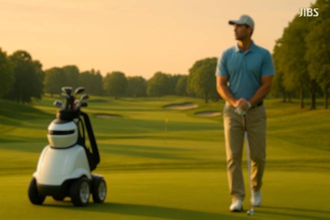 이제 골프백은 기계가 짊어진다. 조용히, 나란히 걷는 그 한 대가 골프장의 질서를 바꾸고 있다.” (상상으로 구현한 미래형 골프장 장면)