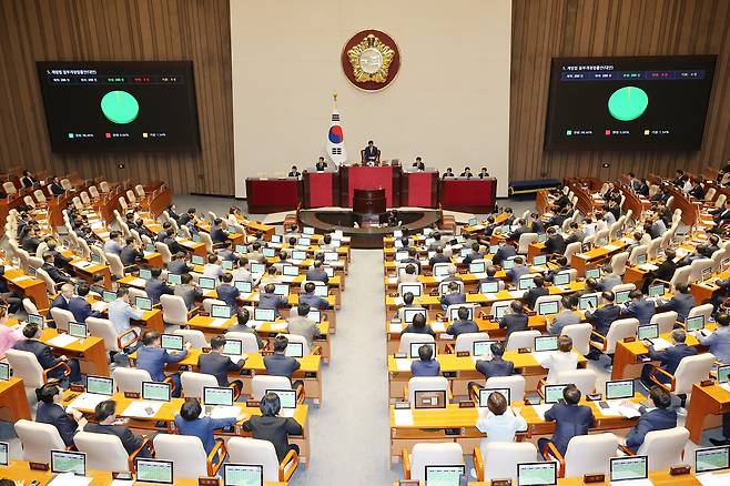 3일 국회 본회의에서 계엄법 일부개정법률안이 통과되고 있다. [연합]