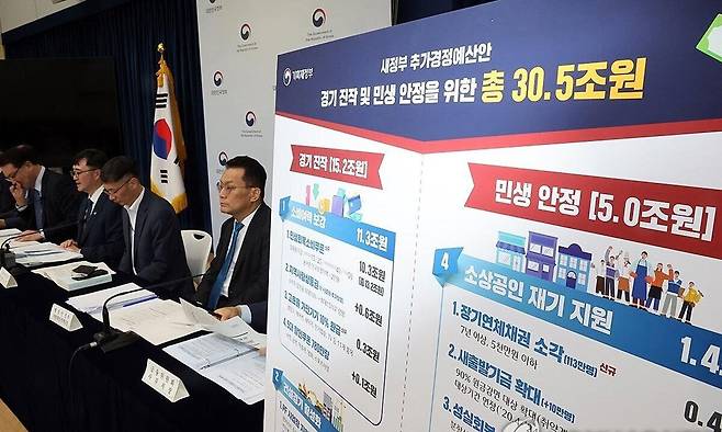 기획재정부가 지난달 18일&nbsp;정부세종청사에서 새 정부&nbsp;추가경정예산안에 대해 설명하고 있다. 연합뉴스