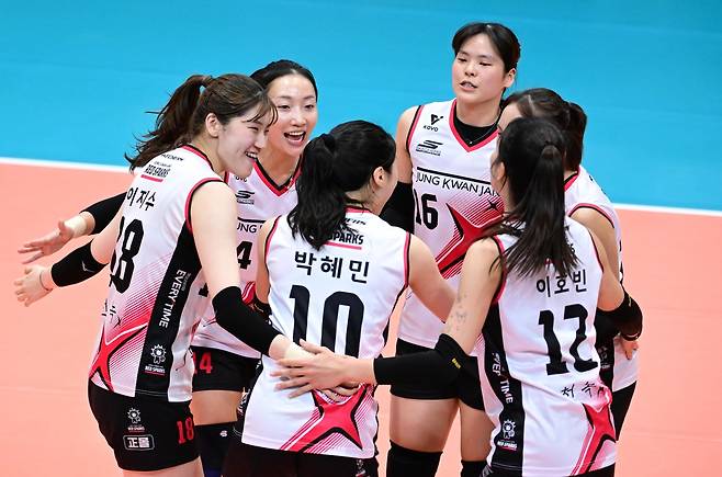 득점 후 기뻐하는 정관장 선수들 [한국배구연맹 제공. 재판매 및 DB 금지]
