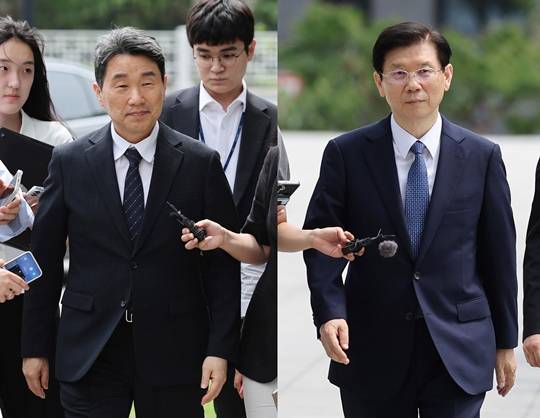 이주호(왼쪽) 교육부 장관과 박종준 전 경호처장이 12·3 비상계엄 관련 내란 혐의를 수사 중인 특검에 조사를 받기 위해 4일 오후 서울 서초구 서울고등검찰청으로 출석하고 있다. 사진=뉴시스