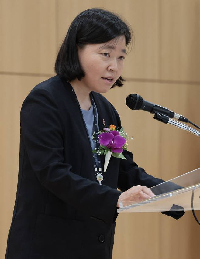 임은정 신임 서울동부지검장이 4일 서울 송파구 서울동부지방검찰청에서 열린 취임식에서 취임사를 하고 있다. (사진=연합뉴스)
