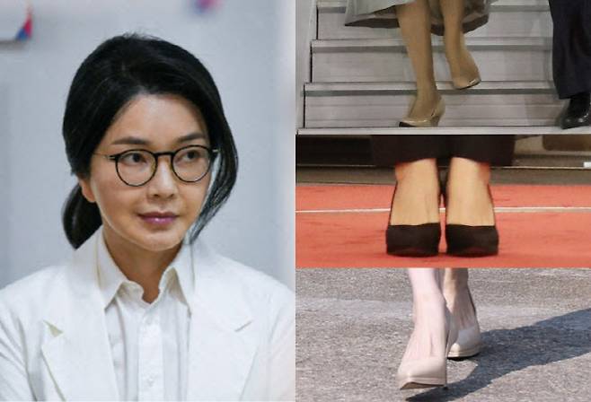 김건희 여사(왼쪽)와 2022년~2024년 해외 순방 당시 착용한 구두. (사진=연합뉴스/뉴시스/뉴스1)