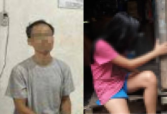 필리핀 경찰이 체포한 정모씨(왼쪽)와 피해자 A양. (사진=필리핀 아동 성착취 방지 국가조정센터/유튜브 갈무리)