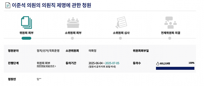 4일 국회 전자 청원 홈페이지를 보면 '이준석 의원의 의원직 제명에 관한 청원'의 동의 수가 60만 명을 넘어섰고, 이날 오전 8시 기준 60만3219명을 기록하고 있다. 국회 전자 청원 홈페이지