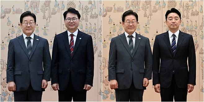 이재명 대통령이 4일 오전 서울 용산구 대통령실 청사에서 이한주 국정기획위원장(왼쪽 사진), 강훈식 비서실장에게 각각 임명장을 수여한 뒤 기념사진을 찍고 있다. 대통령실사진기자단