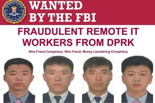This captured image shows four North Koreans indicted in the United States in connection with a wire fraud and who are wanted by the FBI. [YONHAP]