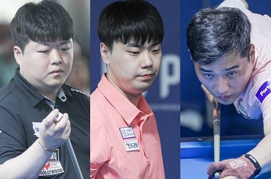 4일 새벽 열린 포르투3쿠션월드컵 본선32강에서 조명우 김행직 차명종(왼쪽부터)이 조2위를 차지, 16강에 진출했다. (사진=SOOP)