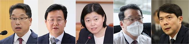 사진 왼쪽부터 대검찰청 차장검사에 노만석(사법연수원 29기) 대검찰청 마약ㆍ조직범죄부장, 서울중앙지검장에 정진우(29기) 서울북부지검장, 서울동부지검장에 임은정 부장검사, 기획조정실장에 최지석(31기) 서울고검 감찰부장, 법무부 검찰국장에 성상헌(30기) 대전지검장. [연합]
