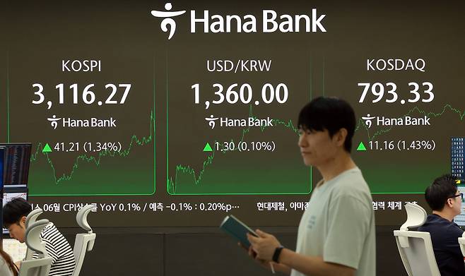 3일 서울 중구 하나은행 본점 딜링룸에서 딜러들이 업무를 보고 있다. 이날 원·달러 환율은 1359.4원으로 마감했다. [연합]