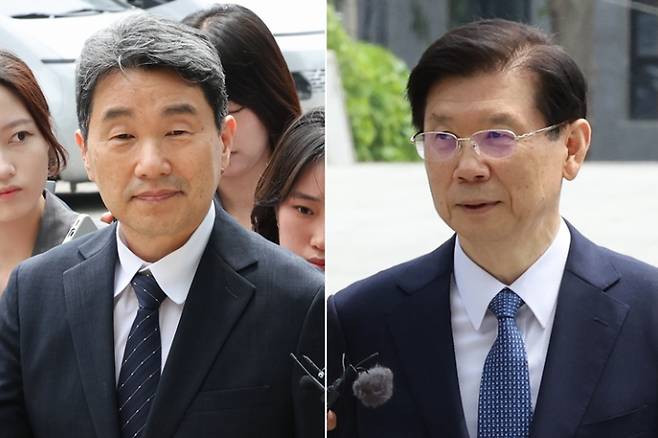 이주호 교육부 장관(왼쪽)과 박종준 전 대통령경호처장이 4일 내란특검 조사를 받기 위해 특검 조사실이 마련된 서울고검으로 향하고 있다. 연합뉴스