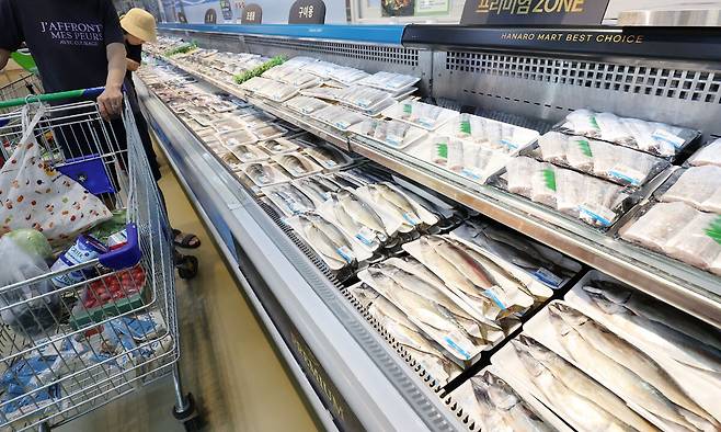 서울의 한 대형마트에서 시민이 고등어 등 수산물을 살펴보고 있다. 뉴시스