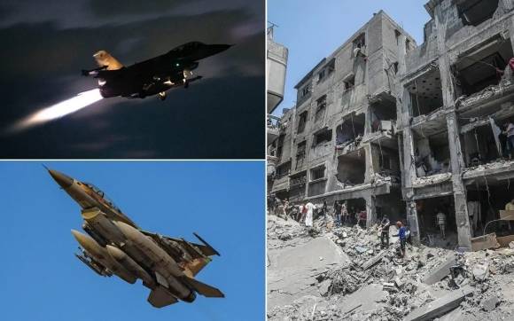 이란 핵시설을 공습하기 위해 출격하는 이스라엘 전투기와 이스라엘 공습에 파괴된 가자시티.  EPA, 로이터 연합뉴스