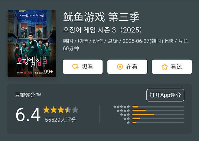 중국 최대 리뷰 사이트 더우반의 ‘오징어게임3’ 관련 화면