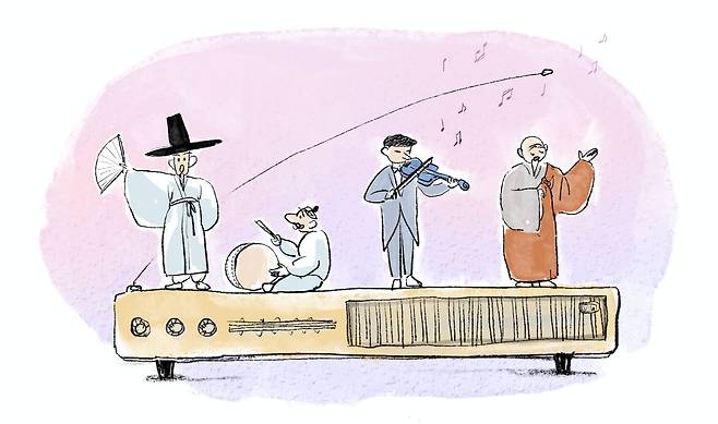 1933년 우리말 방송이 추가되면서 라디오 보급률이 급증했다. 국악은 라디오를 통해 전국으로 확산되면서 황금기를 맞았다. 전통 가요와 서양 클래식 음악, 유행가는 물론 종교, 문예강연, 라디오 드라마 등 각 분야 스타들이 등장했다./일러스트=조선디자인랩 정다운