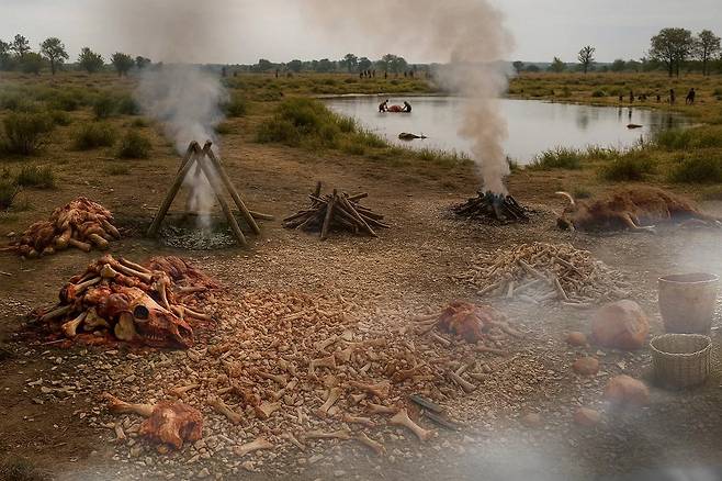 인공지능(AI)이 생성한 네안데르탈인의 지방 공장 상상도. 네안데르탈인은 12만5000년 전 뼈를 부수고 끓여 지방을 추출했다./LEIZA-Monrepos