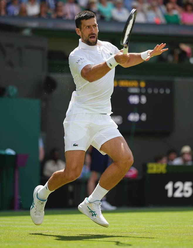 노바크 조코비치(세르비아)가 3일(현지 시간) 열린 윔블던 테니스 대회 남자 단식 2회전에서 대니얼 에번스(영국)를 상대하고 있다. 조코비치는 이날 승리로 통산 19번째 윔블던 3회전에 진출했다. 런던=AP 뉴시스