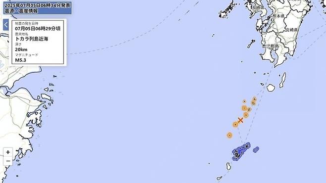 5일 오전 6시 29일 일본 도카라 열도에서 발생한 지진.〈사진=일본 기상청 홈페이지〉