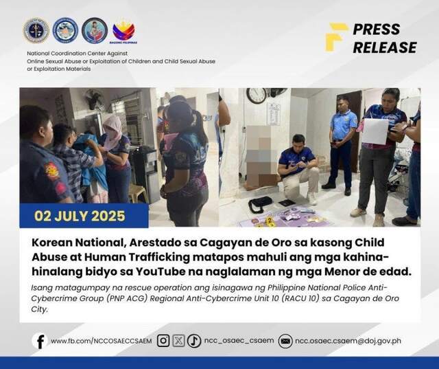 지난달 11일 필리핀에서 활동하던 한국인 유튜버가 미성년자 성 착취 및 학대, 인신매매 등의 혐의로 현지 경찰에 붙잡혔다. 필리핀 온라인 아동 성 착취 및 아동 성학대물 대응 국가조정센터(NCC-OSAEC-CSAEM) 페이스북 캡처