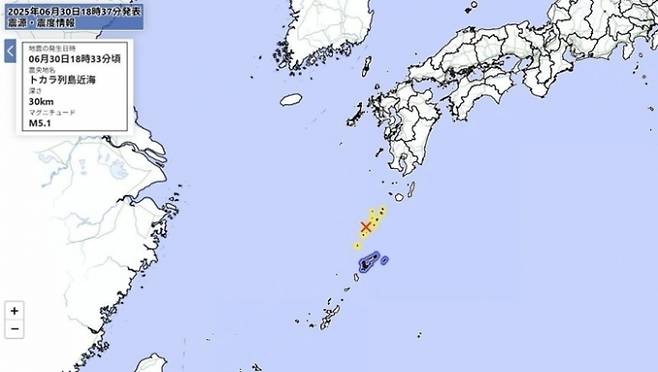 일본 규슈 가고시마현 도카라 열도 해역에서 지난달 30일 발생한 규모 5.1 지진./사진=일본 기상청 홈페이지
