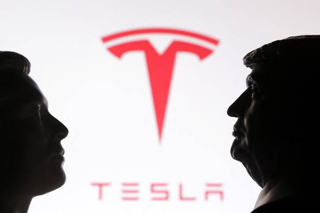 도널드 트럼프 미국 대통령과 일론 머스크 테슬라 최고경영자 미니어처 뒤로 테슬라 로고가 보인다. /로이터·연합뉴스