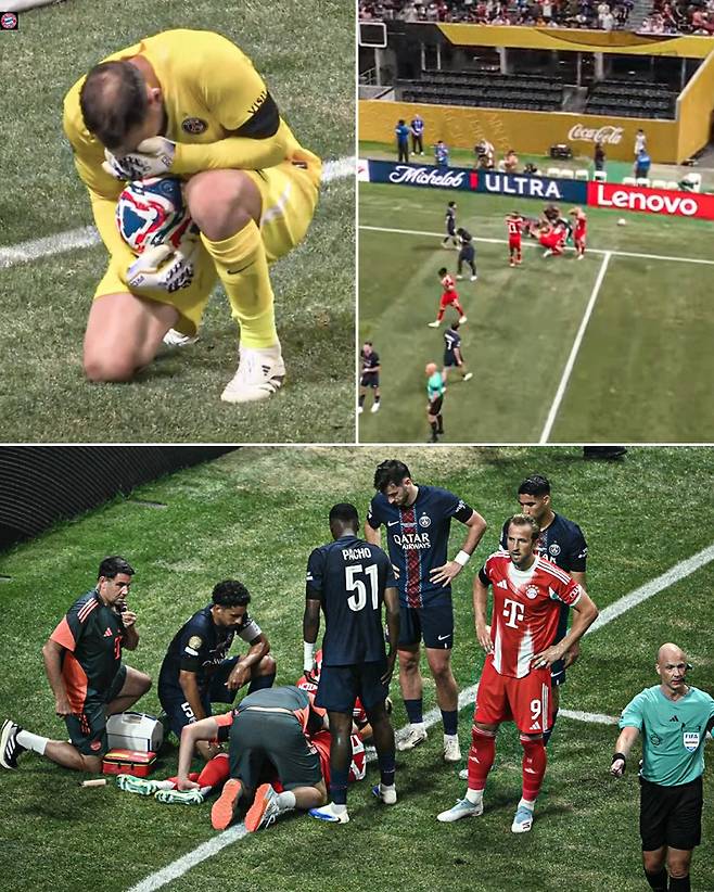 6일 열린 PSG와 뮌헨의 2025 FIFA 클럽 월드컵 8강전. 전반 종료 직전 PSG 돈나룸마(왼쪽 위)가 뮌헨 무시알라와 충돌한 뒤 그의 부상을 확인하고 안타까워하고 있다. 무시알라는 발목 인대를 다쳐 경기장을 떠났다. 사진=ESPN