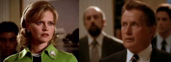 미국 드라마 <웨스트윙< 시즌2 에피소드3 ‘중간선거’편 중 대통령 바틀렛(마틴 쉰 분, 오른쪽)이 리셉션에서 만난 극우 방송 진행자 제이컵스에게 성경을 근거로 동성애 혐오를 통박하고 있다. 출처 : IMDB