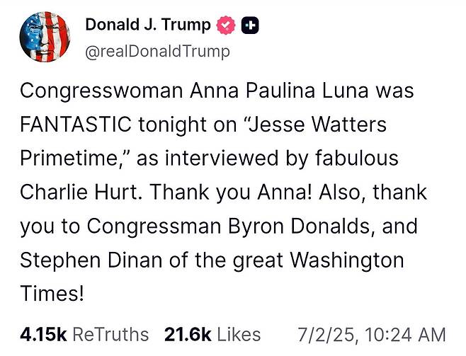 도널드 트럼프 미국 대통령이 1일(현지시간) 자신의 소셜미디어 트루스소셜에서 워싱턴 타임스에 대해 언급한 내용. 트루스소셜 캡처