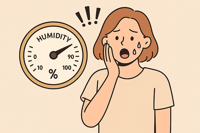 습도계 아래에서 놀라는 사람