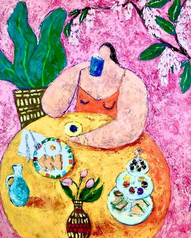 감성회화 작가 로사.C 최미진 작가의 작품 '오늘은 뭐해_브런치' 2019 (KOTE 갤러리 제)