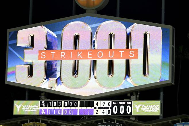Jul 2, 2025; Los Angeles, California, USA;  The scoreboard displays the strikeout record achieved by Los Angeles Dodgers starting pitcher Clayton Kershaw (22) during the sixth inning against the Chicago White Sox at Dodger Stadium. Mandatory Credit: Jayne Kamin-Oncea-Imagn Images

<저작권자(c) 연합뉴스, 무단 전재-재배포, AI 학습 및 활용 금지>
