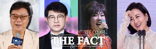 일부 스타급 가수들이 '레전드' 심사위원 게스트로 포장돼 체면을 유지하는 것처럼 보여도 기성가수들 사이에서는 '중간 허리가 무너졌다'는 자조섞인 말이 나오고 있다. 왼쪽부터 남진 설운도 김연자 장윤정. /더팩트 DB