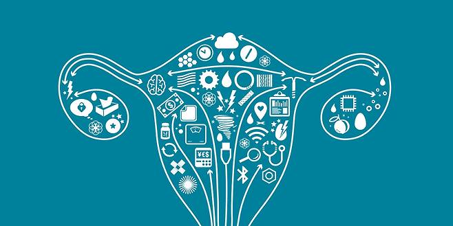 여성 생식기에 각종 첨단 기술 이미지를 결합한 그림. 여성 건강을 위한 디지털 기술인 '펨테크(Femtech)'가 부상하고 있다./Clue