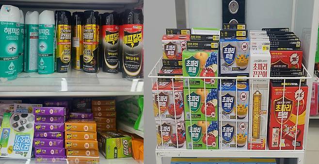 7일 오전 10시 30분 서울 마포구의 한 다이소 매장에 비치돼 있는 방충용품 제품들. 분사식 살충제 제품이 팔리면서 진열대에는 빈 공간이 보이고 있다. 엘리베이터나 입구 앞에는 따로 방충용품을 놓은 소규모 코너가 운영되고 있다. /민영빈 기자