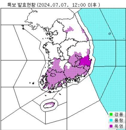 지난해 7월7일 오후 2시 기준 폭염특보 발효 현황.