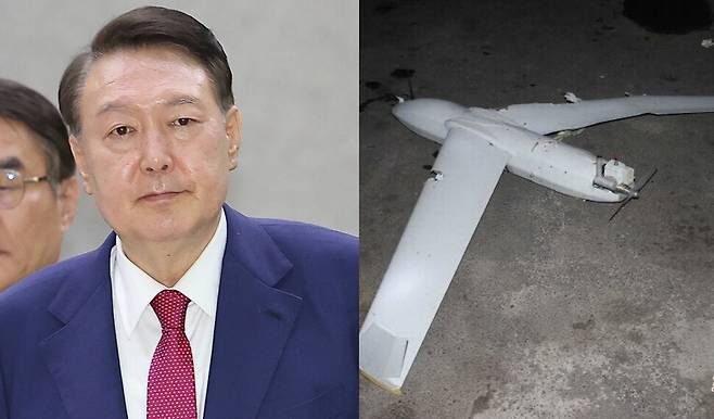 윤석열 전 대통령이 5일 내란 특검 조사를 마치고 서울고검을 나서고 있다. 오른쪽은 지난해 10월 북한이 ‘남한에서 보낸 무인기’라며 공개한 사진. 연합뉴스, 조선중앙통신 연합뉴스