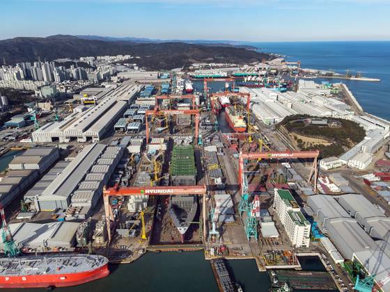 An aerial view of the HD Hyundai Heavy Industries shipyard in Ulsan [HD HYUNDAI]