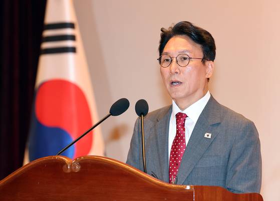 Prime Minister Kim Min-seok delivers his inaugural address at the government complex in Sejong on July 7. [YONHAP]